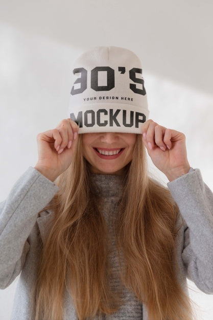 Young Woman Wearing Beanie Mockup Psd