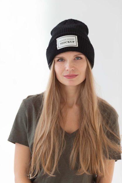 Young Woman Wearing Beanie Mockup Psd