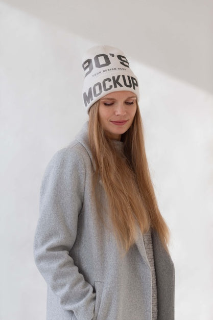 Young Woman Wearing Beanie Mockup Psd
