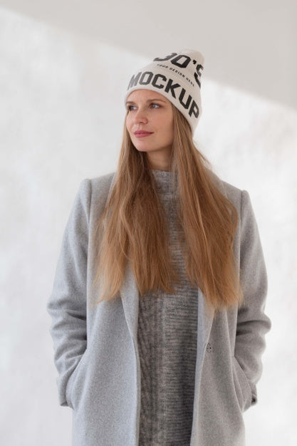 Young Woman Wearing Beanie Mockup Psd