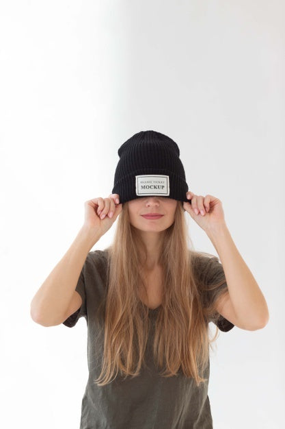 Young Woman Wearing Beanie Mockup Psd