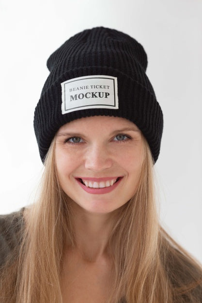 Young Woman Wearing Beanie Mockup Psd