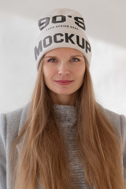 Young Woman Wearing Beanie Mockup Psd