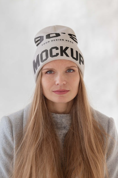 Young Woman Wearing Beanie Mockup Psd