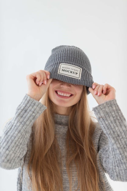 Young Woman Wearing Beanie Mockup Psd