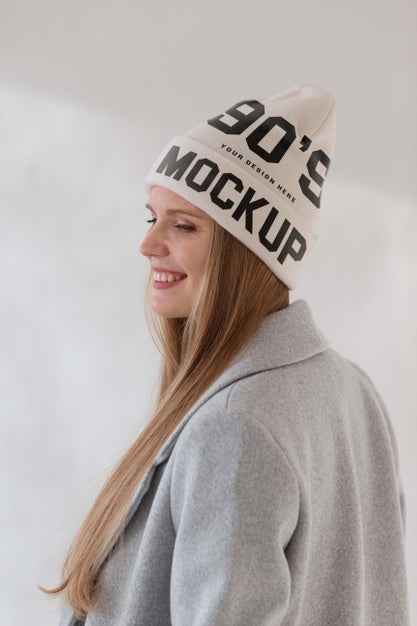 Young Woman Wearing Beanie Mockup Psd