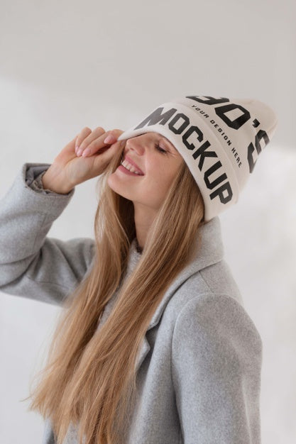 Young Woman Wearing Beanie Mockup Psd
