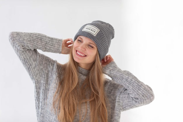 Young Woman Wearing Beanie Mockup Psd