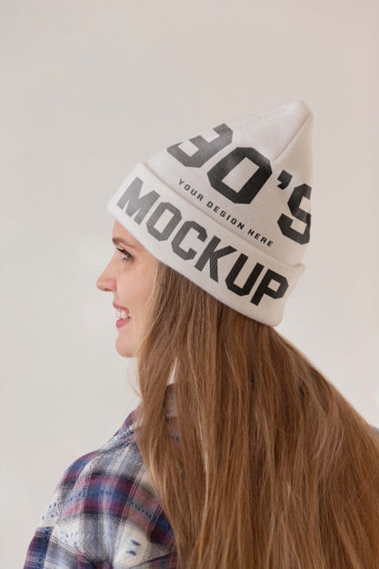Young Woman Wearing Beanie Mockup Psd