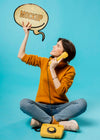 Young Woman With Chat Bubble And Old Phone Psd